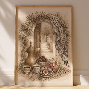 Palestine Keffiyeh Pommegranate Middle Eastern Still Life Rolled Poster | Olive Branch, Dates, Coffee Pots