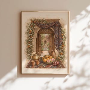 May include: A framed wall art print depicting an ornate wooden doorway framed by flowering vines and a patterned textile. In the foreground, a metal teapot, two cups, and a bowl of oranges and sliced pomegranates sit on a colorful woven rug.
