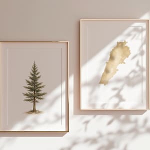Akvarelltryck med karta över Libanon och cederträ | Minimalistisk neutral väggkonst (digital nedladdning)