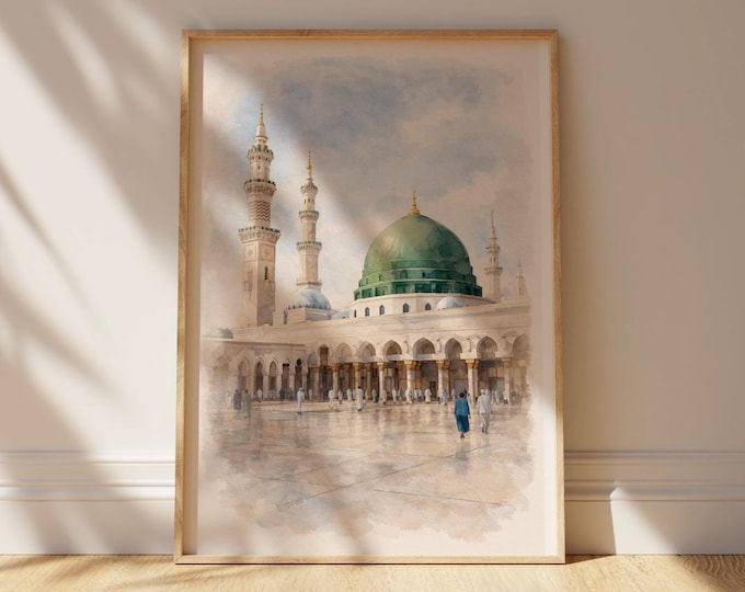 Masjid An-Nabawi Watercolor Art Print – Madinah Mosque Islamic Wall Decor (Digital Download)