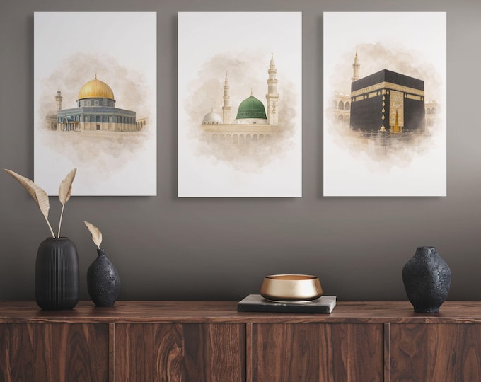 Islamic Wall Art, Kaaba, Medina, Jerusalem (3x Muslim Poster Set) (Digital Download)