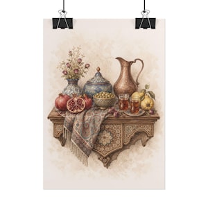 May include: A wall-mounted wooden shelf displays a still life arrangement featuring a patterned vase with dried flowers, a lidded bowl, a copper pitcher, two small glasses of tea, pomegranates, and pears, all draped with a fringed textile.