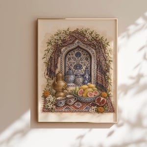 May include: A framed wall art print featuring a detailed illustration of a brass samovar, two patterned tea cups, and a bowl of fresh fruit including figs and a pomegranate. The scene is set against an arched alcove draped with textiles.