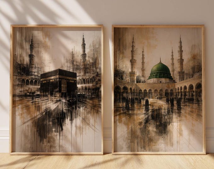 Kaaba & Masjid Nabawi Abstract Wall Art Set Architecture Prints Modern Muslim Home Decor Islamic Wall Art Digital Download Ramadan