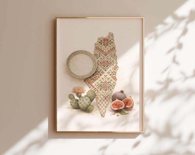 Palestinian Tatreez Map with Cactus, Figs & Ceramic Plate (Digital Download)