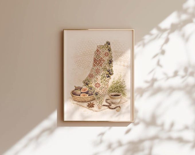 Palestinian Tatreez Map with Figs, Olives, and Coffee (Digital Download)