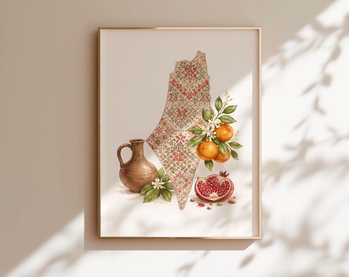 Palestinian Tatreez Map with Oranges, Pomegranate, and Jug (Digital Download)