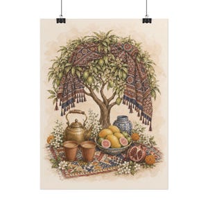 May include: A watercolor illustration featuring a central tree draped with a patterned textile, a brass teapot, two clay cups, a bowl of yellow mangoes and sliced guavas, a pomegranate, and a blue and white vase on a colorful patterned rug.