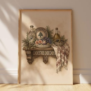 May include: A framed wall art print depicting a wooden shelf holding a ceramic pitcher, a plate with a cedar tree illustration, a bowl of figs and grapes, an oil cruet, and a bowl of olives, draped with a patterned textile featuring red accents.