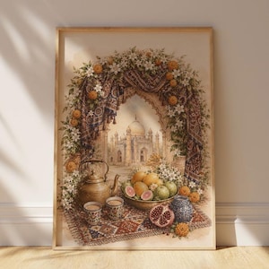 May include: A framed wall art print featuring a detailed illustration of a brass teapot, two patterned cups, and a bowl of assorted fruits including pomegranates and citrus. The scene is set before an arched doorway with floral garlands.