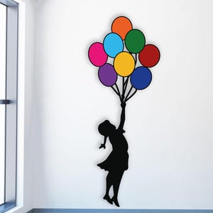 Banksy Flying Balloon Girl, Color  Banksy wall art, Banksy balloon girl metal wall decor, Urban wall art, Graffiti street art, Freedom art