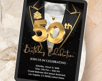 50th Birthday Invitation for Men, Black Gold Birthday Invite, Editable 50th Birthday Template, Milestone Birthday Party Invitation