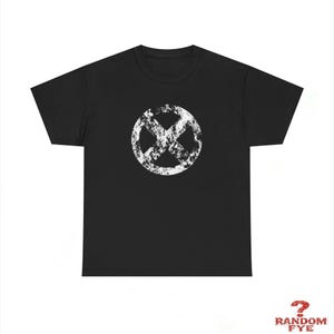 May include: Black t-shirt featuring a distressed white graphic of an X within a circle. The design is centered on the front of the shirt. The shirt is made of a soft material.