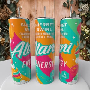 May include: Three colorful insulated tumblers with silver straws. Each tumbler features a vibrant design with the words "Sherbet Swirl" and "Allani Energy". The design includes orange, pink, and teal colors with illustrations of fruit and ice cream.