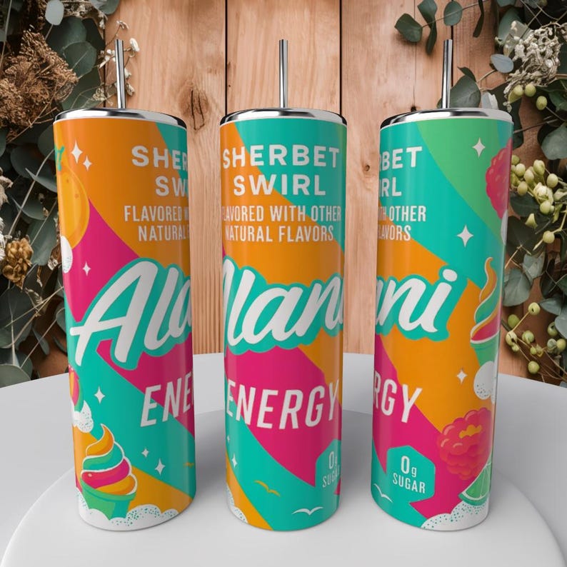 May include: Three colorful insulated tumblers with silver straws. Each tumbler features a vibrant design with the words "Sherbet Swirl" and "Allani Energy". The design includes orange, pink, and teal colors with illustrations of fruit and ice cream.
