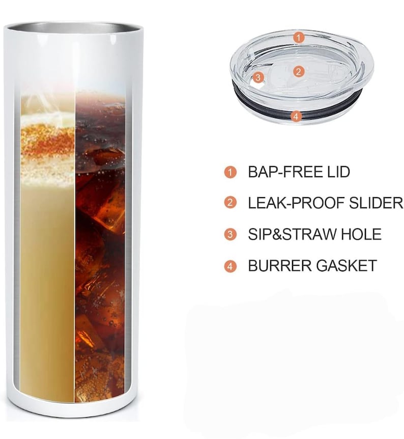 May include: A white insulated tumbler with a silver rim, shown with a clear lid. The tumbler is filled with a beverage, split into two sections. The lid features a leak-proof slider and a sip and straw hole.
