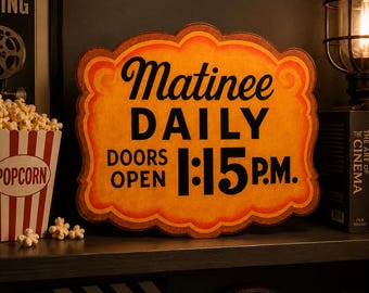 May include: A decorative orange and yellow sign with black text that reads Matinee DAILY DOORS OPEN 1:15 P.M. The sign has a scalloped edge and is positioned on a shelf next to a red and white striped popcorn container and a vintage style lamp.