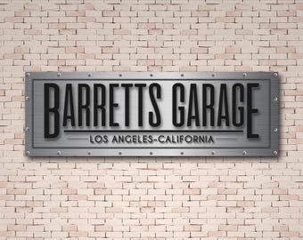 Personalized Garage Sign: Brushed Metal, Custom Name, Man Cave Decor