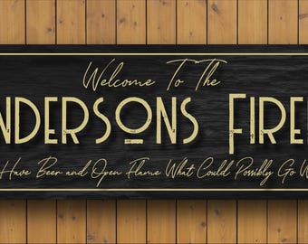 Custom Personalized Firepit Sign: Outdoor Metal Rustic Wood-Look Backyard Patio Decor