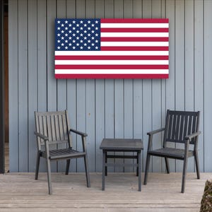May include: An American flag is displayed on a gray wooden wall above a small outdoor seating set. The flag features a blue canton with white stars and red and white stripes. The seating set includes two chairs and a small table.