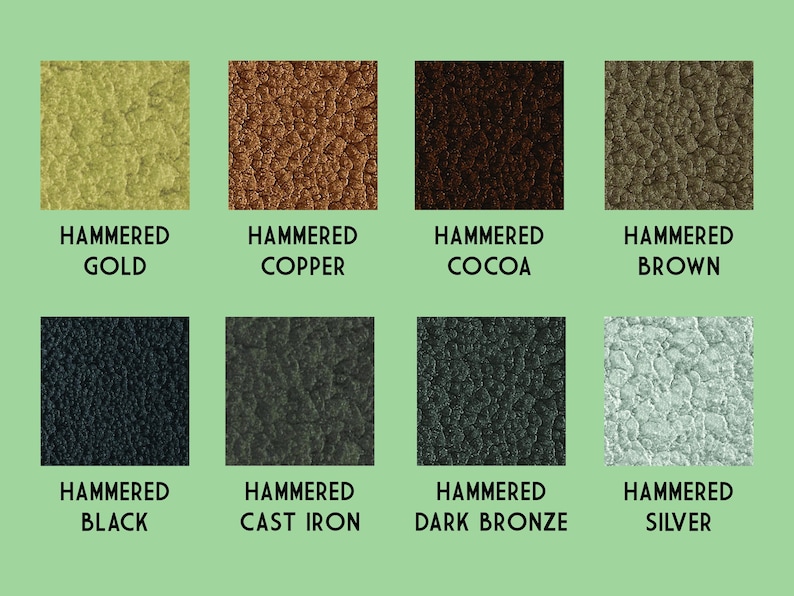 Puede incluir: Imagen que muestra ocho muestras de color cuadradas con una textura martillada. Los colores incluyen oro, cobre, cacao, marr&oacute;n, negro, hierro fundido, bronce oscuro y plata. Cada muestra tiene el nombre del color impreso debajo.