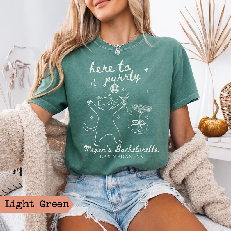 Getting Meowied Bachelorette Shirt, Cat Bridal Party Tee, Funny Bride Gift, Cat Lover Wedding Shirt, Vegas Bach Trip Top Light Green