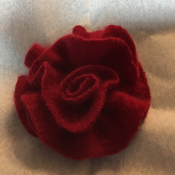 Red cashmere felt flower for hair, brooch, pin Upcycled wool hand sewn McLeodhandcraftgifts