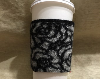 Finest merino wool black and white flower knitted pattern felt coffee warmer wool felted coffee cozy upcycled lambs