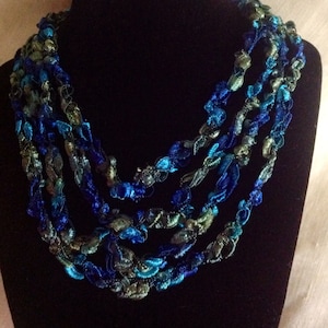 peacok ribbon necklace green blue gray Hand Crocheted ribbon yarn necklace Fancy Ribbon Necklace by mcleodhandcraftgifts