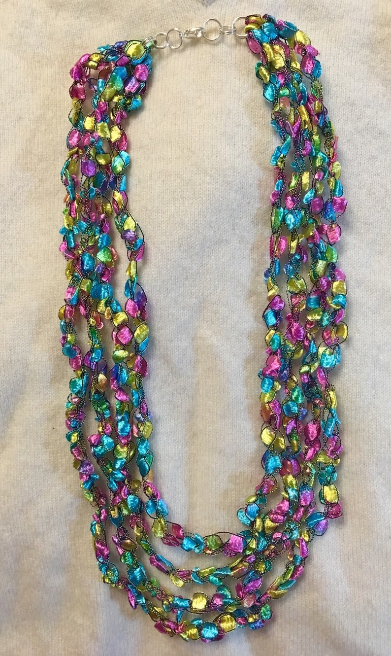 Fancy Jewel Tone Ribbon Necklace Hand Crocheted Yarn Necklace Etsy