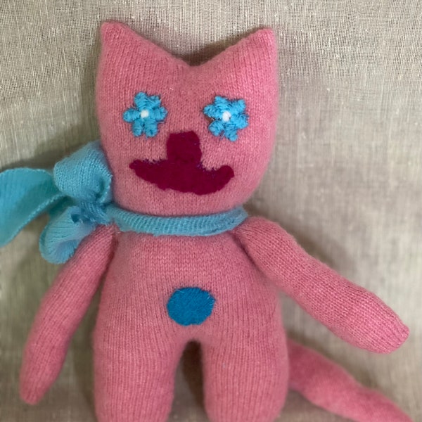 Pocket toy little pink cat Cashmere plush Upcycled  cashmere kids cuddly buddy nursery decor Christmas stocking handmade mini cat