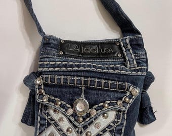 Bling bling flickaväska iPhone-väska pärlmönster uggla ansikte format Återvunnen blå jeansväska med 4 fickor Återvunna denimjeans, unik present