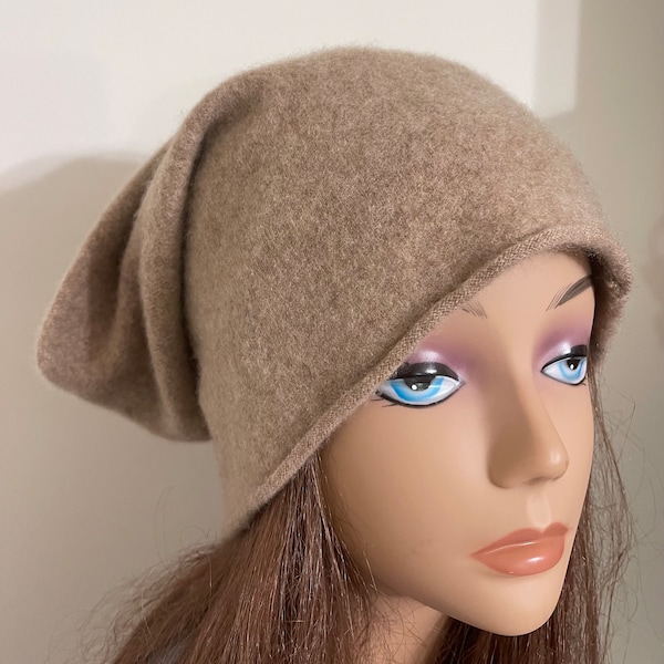 194 unisex size L beige mocha cashmere chemo hat sleeping cap hat cashmere hat soft upcycled cashmere slouch hat loosely fit thick cashmere