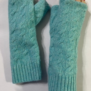 089 size S turquoise blue Cashmere armwarmer women Fingerless gloves cable knit pattern upcycled  Cashmere Fingerless Mittens Wrist Warmer