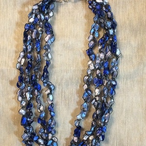 Royal blue silver ribbon necklace trellis ribbon yarn Hand Crocheted ribbon yarn necklace Fancy Ribbon Necklace by mcleodhandcraftgifts