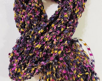 Fancy Ribbon Scarf purple yellow lavender latter ribbon Scarf Hand Crocheted by McLeodhandcraftgifts