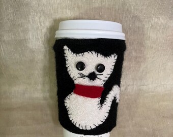 Black wool  felt coffee warmer cat appliqué  wool felted coffee cozy Christmas gifts upcycled lambs wool teacher office gifts cat lover