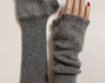 233 gray Cashmere  Fingerless gloves upcycled Cashmere with rib knit Mittens Wrist Warmers  W size small felt cashmere