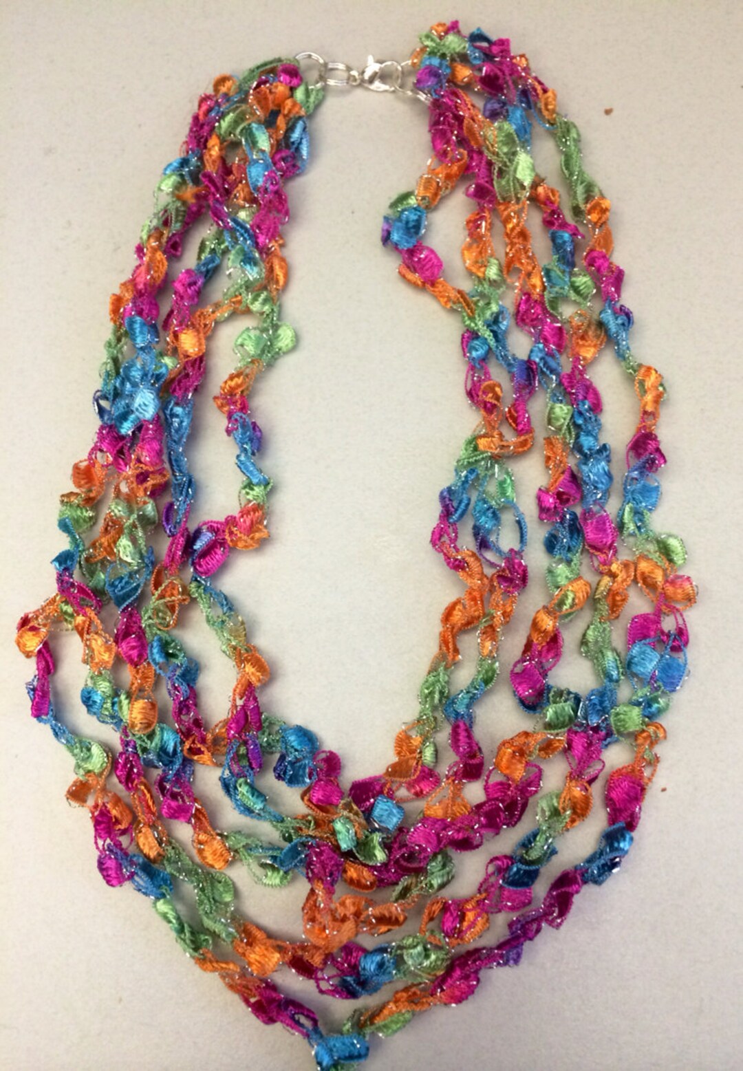 Pink Ribbon Necklace Pink Yellow Purple Blue Hand Crocheted Ribbon Yarn ...