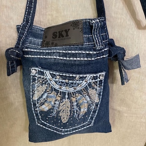 Porte-monnaie en jean bleu à motifs et perles pour iPhone, 5 poches, jeans en denim recyclé, cousu main, sac à main pour fille en bandoulière, perles brillantes