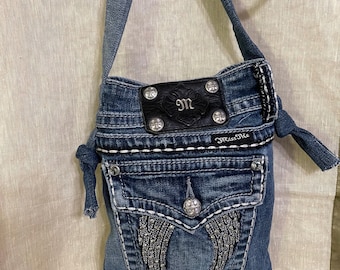 Naam merk jeans Missme iPhone-portemonnee kralen diamantvorm Upcycled blauwe jean portemonnee 5 zakken Upcycled spijkerbroek, uniek cadeau