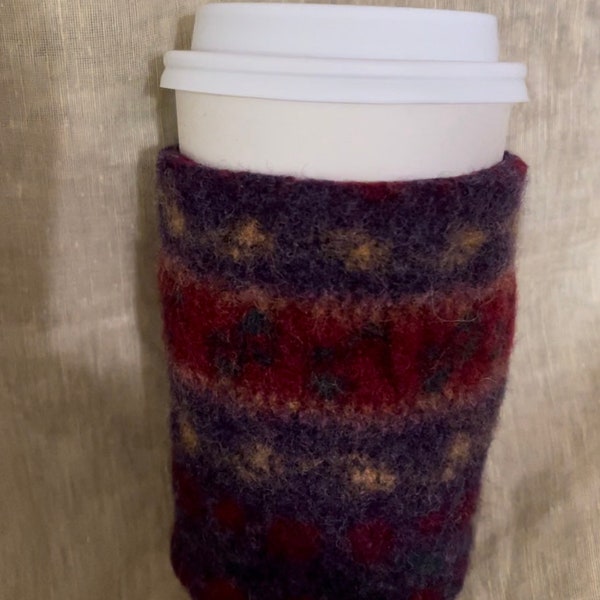 Purple red  wool felt coffee warmer floral knit pattern wool felted coffee cozy Christmas  gifts upcycled lambs wool teacher office gifts