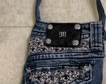 Porte-monnaie en jean Missme pour iPhone avec perles en forme de losanges Porte-monnaie en jean bleu upcyclé 4 poches Jean en denim upcyclé, cadeau unique