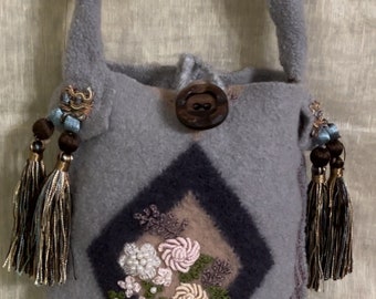 Gray beaded iPhone purse felt wool purse with tassels messenger bag girl purse Upcycled wool Sweater Bag embroidery