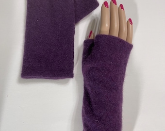 60 guantes cortos de cachemira morados sin dedos, guantes negros de media mano, guantes de cachemira reciclados, mitones sin dedos, calentadores de muñeca, guantes de cachemira