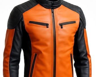 May include: Orange and black leather jacket with a stand-up collar and a zip-up front. The jacket has black panels on the shoulders and sleeves, with two zippered pockets on the chest and two on the sides. A stylish motorcycle jacket.