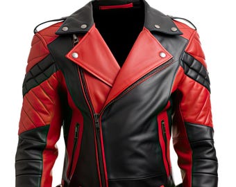 Men's Red Black Faux Leather Biker Jacket: Quilted Asymmetric Lapel Coat