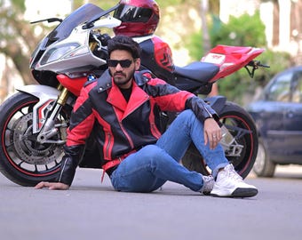 Men's Red & Black Leather Biker Jacket – Tailored Winter Coat – Stylish Motorcycle Outerwear