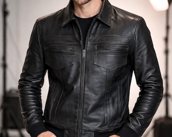 Mens Black Leather Jacket, Casual Wear, valentine's day Gift