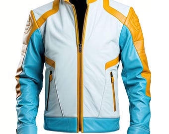 Handgemachte Blau & Weiß Kunstleder Bikerjacke: Anpassbare Moto Mantel